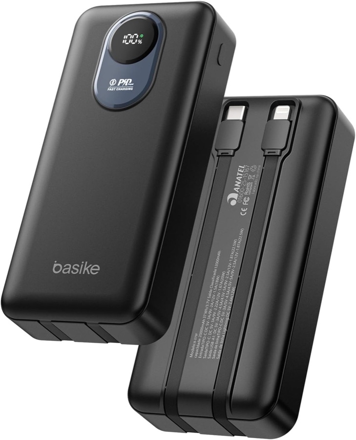 Basike Power Bank 20000mAh, Carregador Portátil, 2 Cabos Integrados (Preto)
