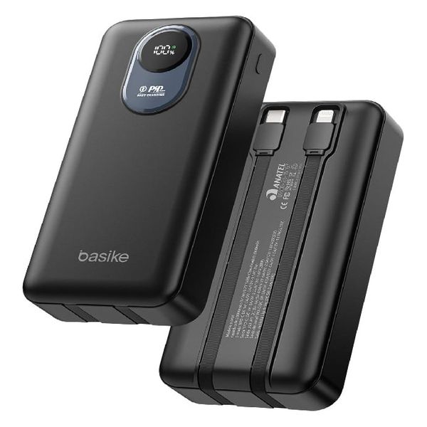 Basike Power Bank 20000mAh, Carregador Portátil, 2 Cabos Integrados (Preto)