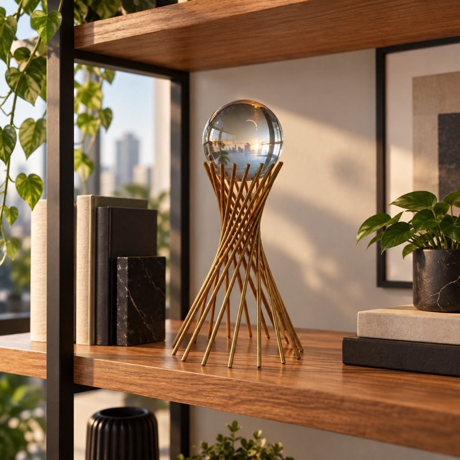 Esfera Vidro Metal Bola de Cristal Coração Dourado