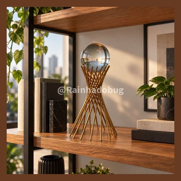 Esfera Vidro Metal Bola de Cristal Coração Dourado