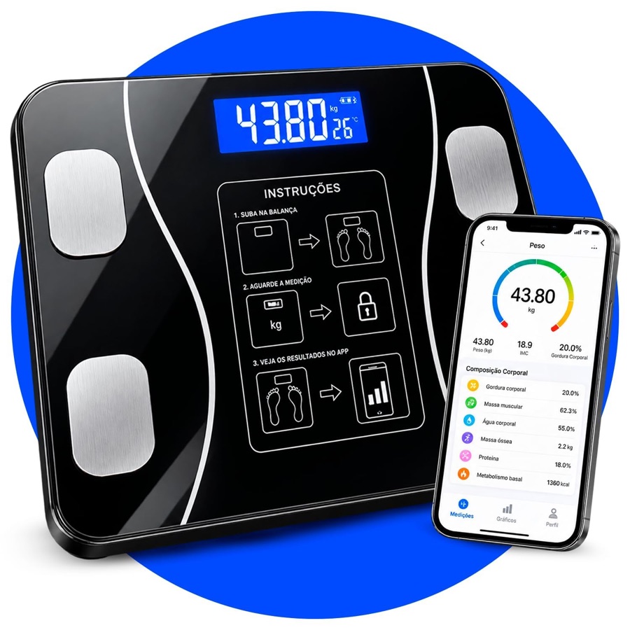 Balança Corporal Inteligente Digital Bluetooth até 180kg, Bioimpedância, Aplicativo, Gordura Corporal, Massa Muscular, Precisão 50g Fitness 