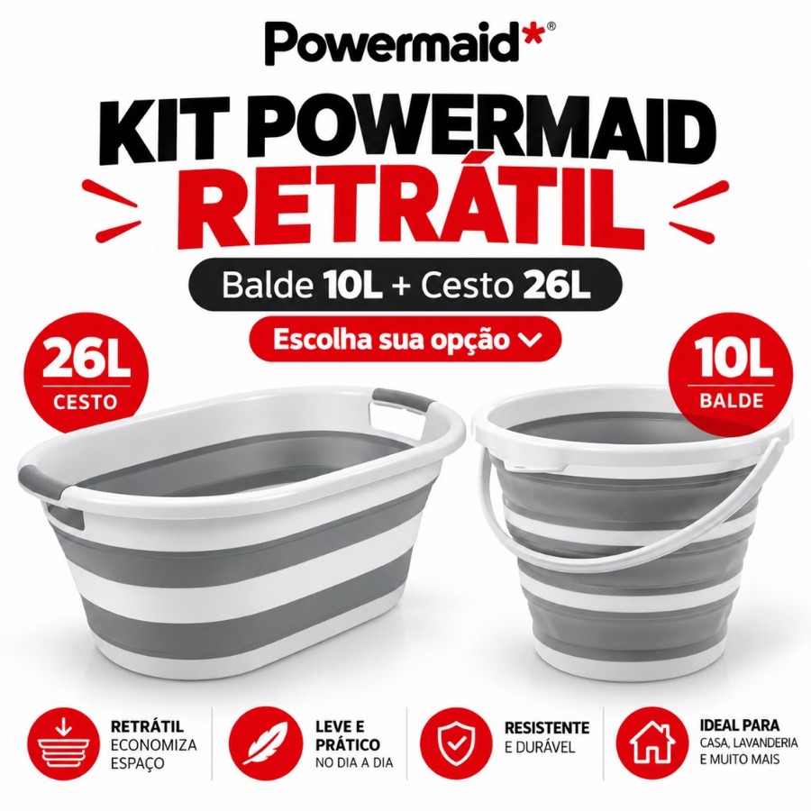 Kit Balde Retrátil 10L + Cesto Dobrável 26L Powermaid Multiuso para Limpeza
