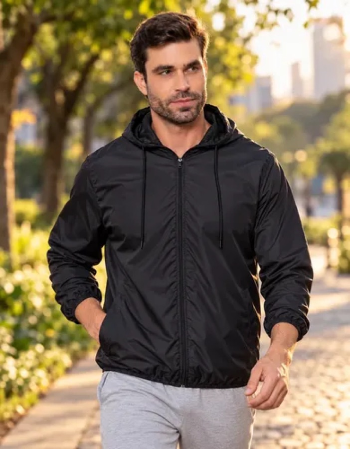 Jaqueta Corta Vento Masculina Impermeável Capuz Zíper Bolso Preto G Liso