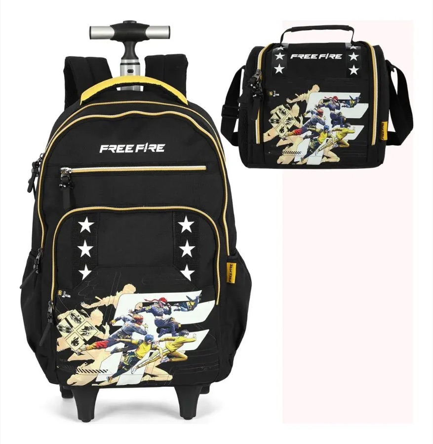 Kit Mochila Com Rodinhas Free Fire Lancheira Mc49785ff Preto Liso