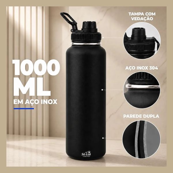 1000ml Garrafa Térmica Isolada A Vácuo Squeeze Aço Inox 304 para Água Gelada Esporte Academia com Alça e Bico Preto Sólar