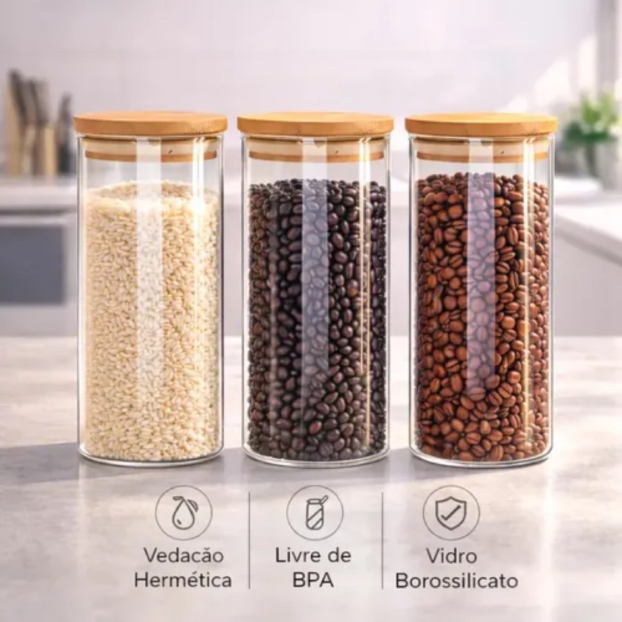 Kit 3 Potes De Vidro Herméticos Com Tampa De Bambu De 1 L Para Mantimentos Alimentos Grãos Café Massas Cereais Cozinha Com Vedação Hermética
