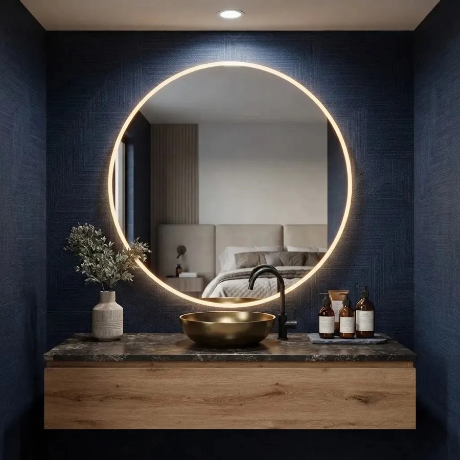 Espelho Redondo 40cm com Iluminação LED Fria para Parede - Ideal para Quarto, Banheiro e Sala, Moldura Lapidada de 40cm, Perfeito para Decor