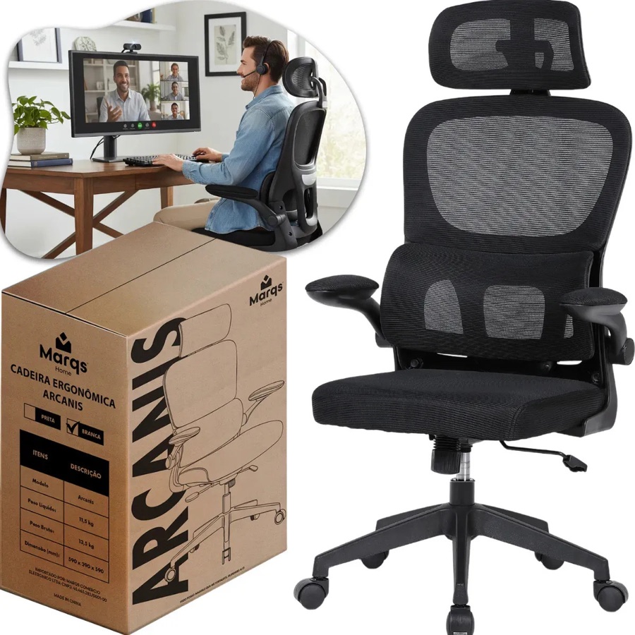 Cadeira Escritório Presidente Ergonômica Nr17 Marqs Home Arcanis Preta Com Apoio Lombar E Encosto Mesh Premium Preto Malha