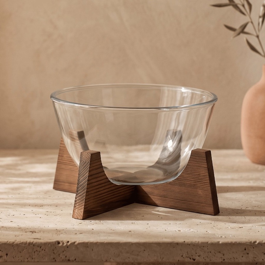 Bowl Saladeira Vidro Borossilicato 2,1L Suporte Madeira Acácia Elevado