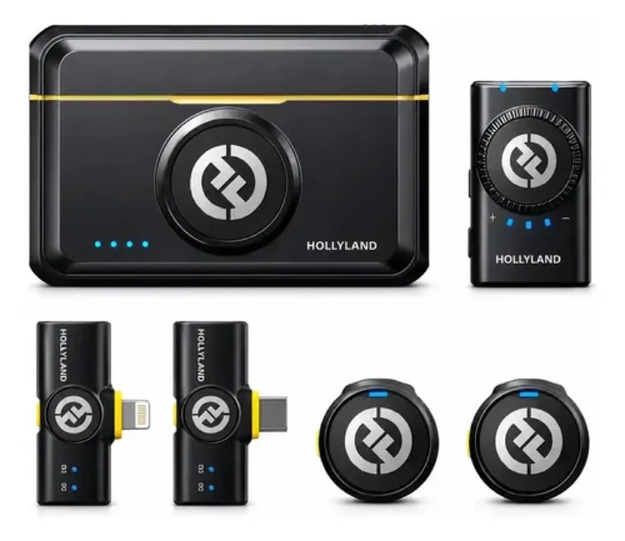 Microfone de lapela Hollyland Lark M2 Combo Preto. Sem Fio Duplo Com Cancelamento de Ruído USB-C Lightning Para iPhone Android Câmera Entrev