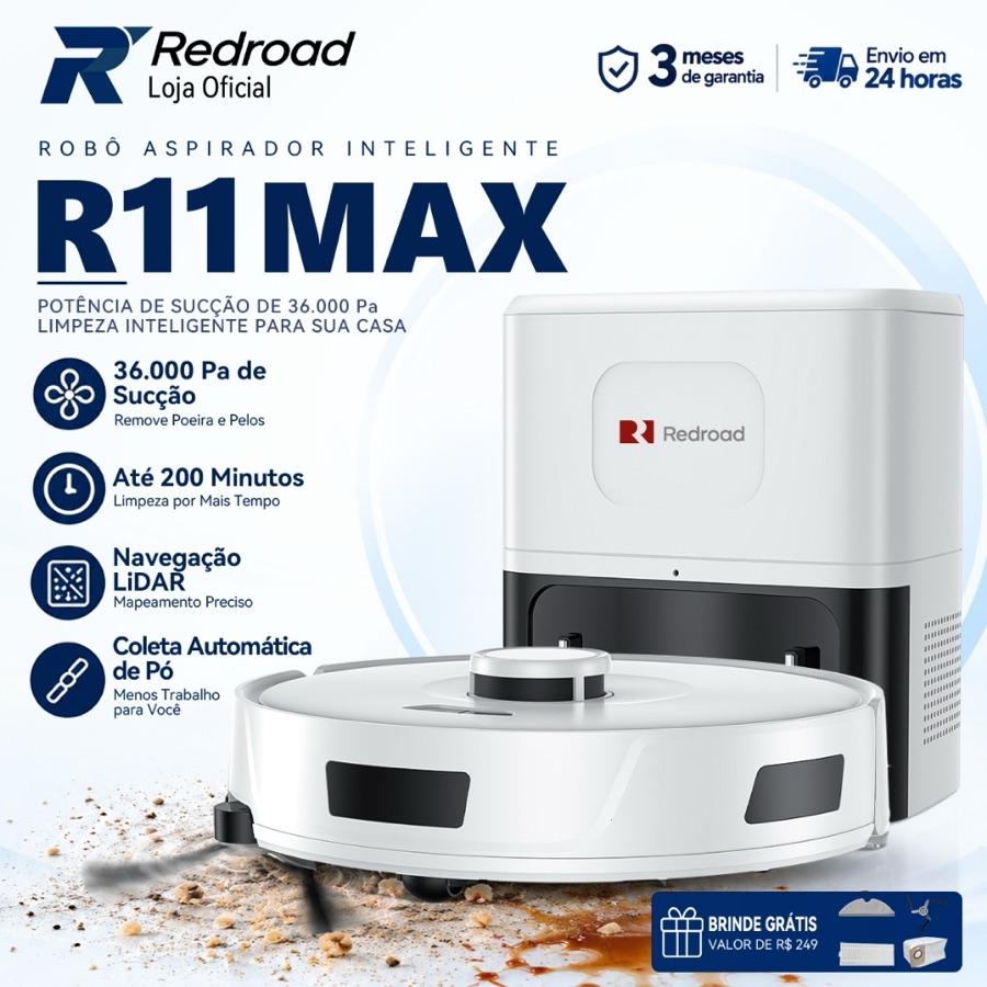Robô Aspirador Passa Pano Redroad R11 Inteligente 20000Pa Autoesvaziável 3 em 1 App e Voz Silencioso Para Pets 127/220V