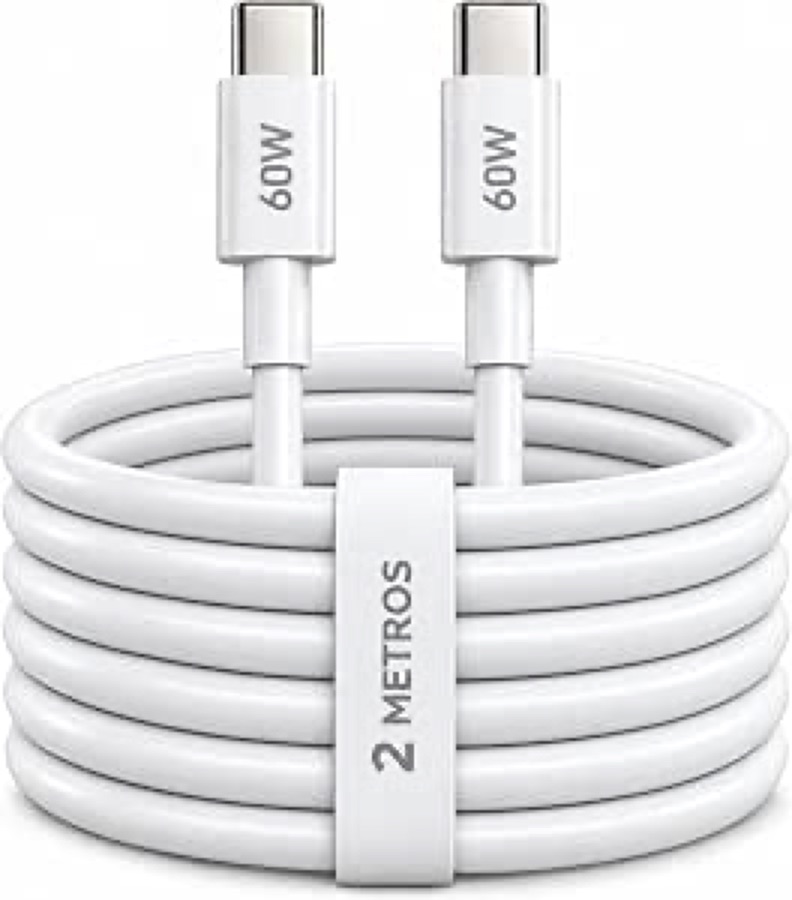 Cabo USB-C para USB-C 2 Metros 60W Carregamento Rápido, Tipo C, Branco, para Celular, Tablet e Notebook