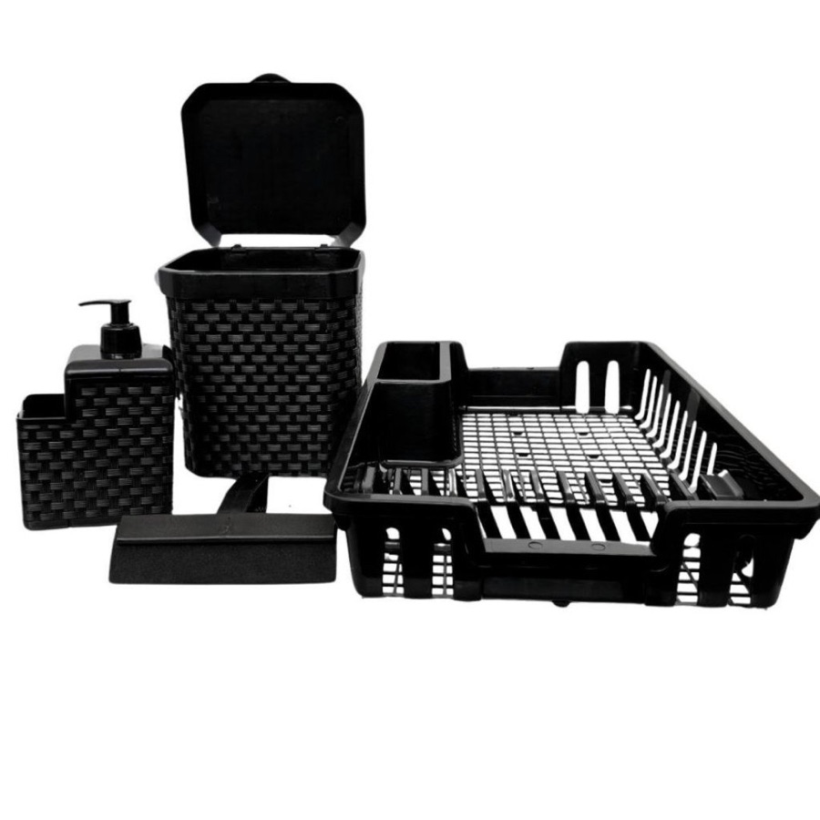 Kit Cozinha Completa: Escorredor de Louça + Lixeira 5L + Porta Detergente + Rodinho de Pia