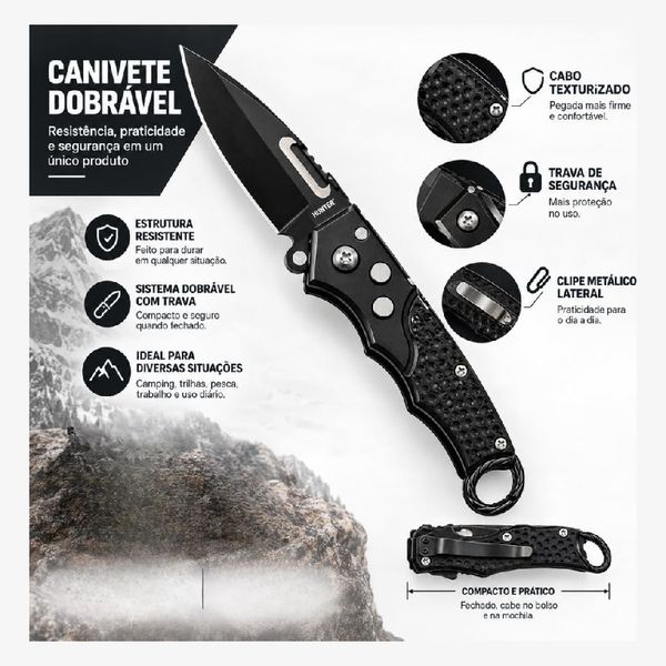 Canivete Tático 16 cm Aço Inoxdável Dobrável Com Trava de Segurança Cabo Antiderrapante Camping Trilhas
