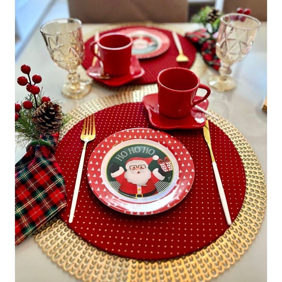 Kit 12 Peças Natal Sousplat + Guardanapos Completo Tricoline 100% Algodão Decoração Mesa Vermelho