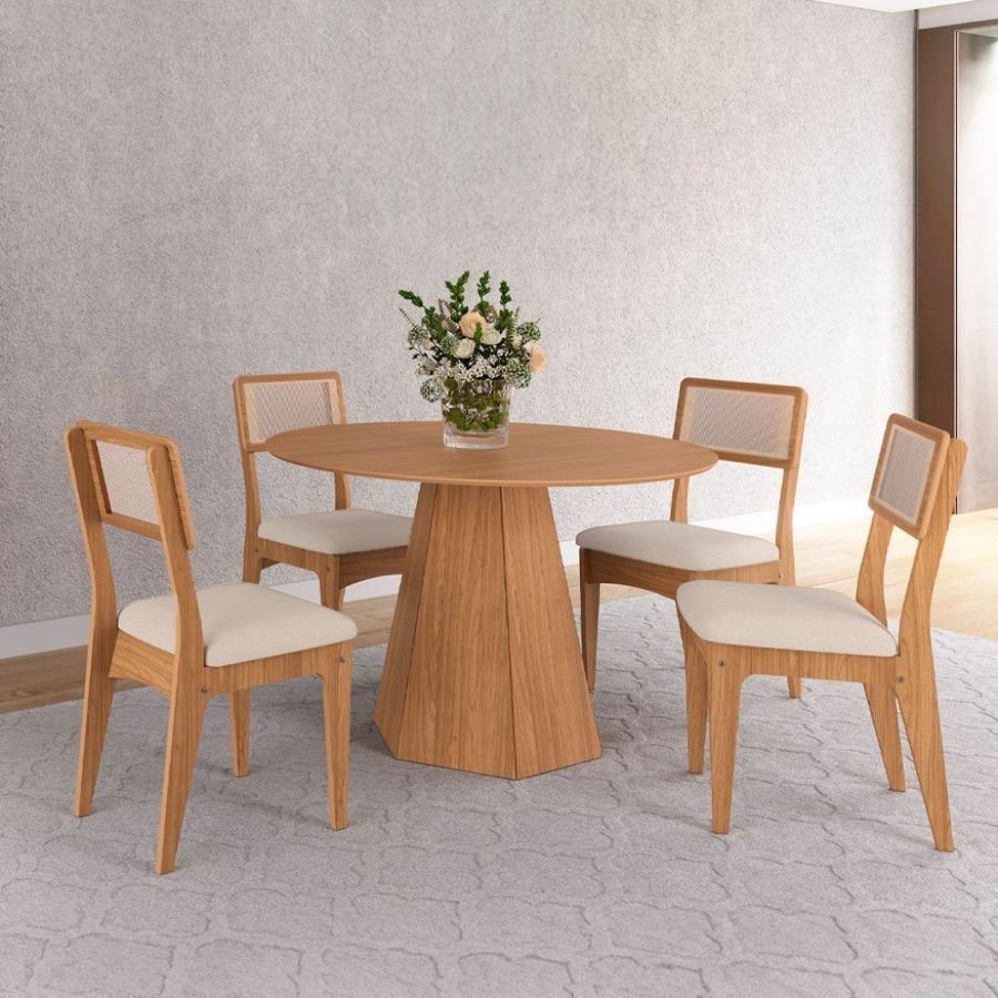 Conjunto Sala de Jantar Mesa Lisboa Hexagonal com 4 Cadeiras Palha Sintética 100% MDF