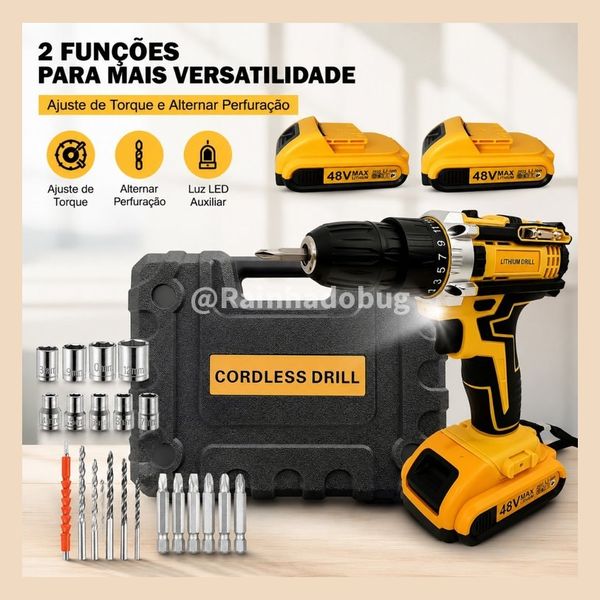 Parafusadeira Furadeira 48V Íon-Lítio Sem Fio, 2 Baterias, Maleta Resistente e Kit Completo de Acessórios