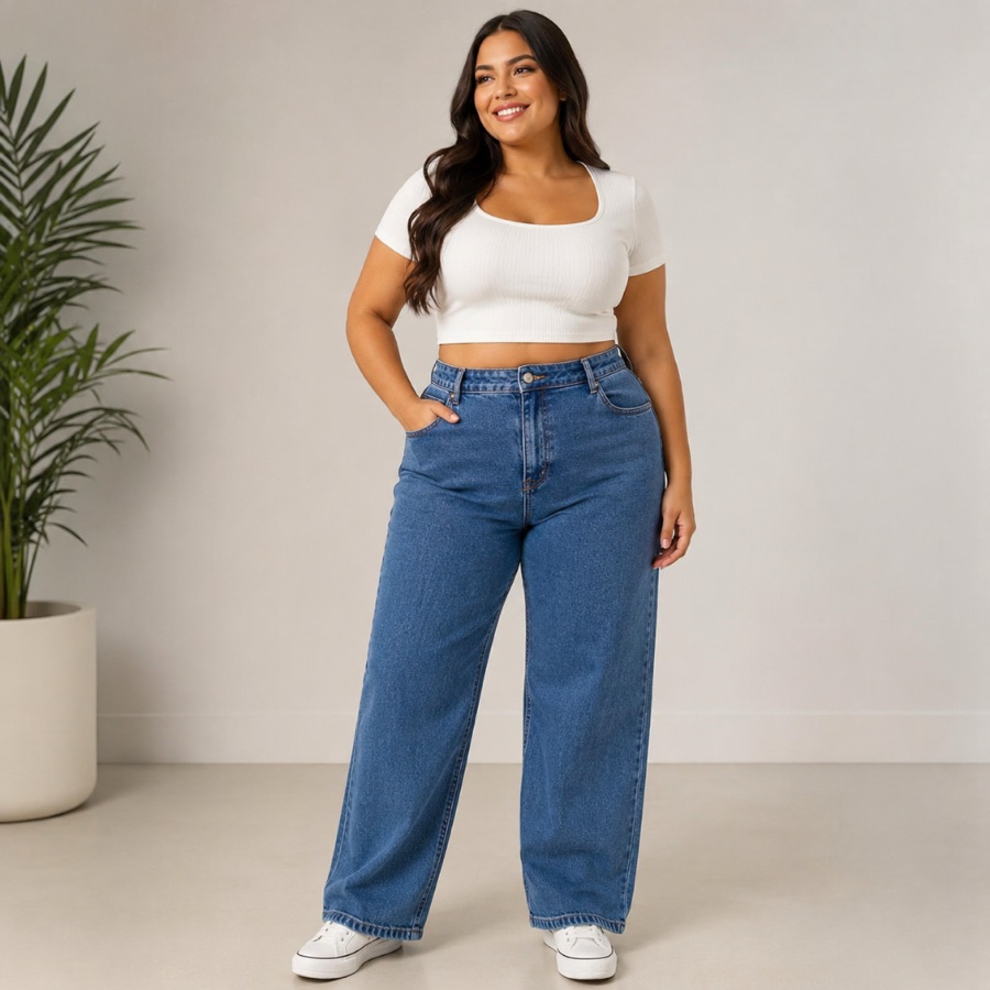 Calça Jeans Feminina Plus Size Cintura Alta Marmorizada