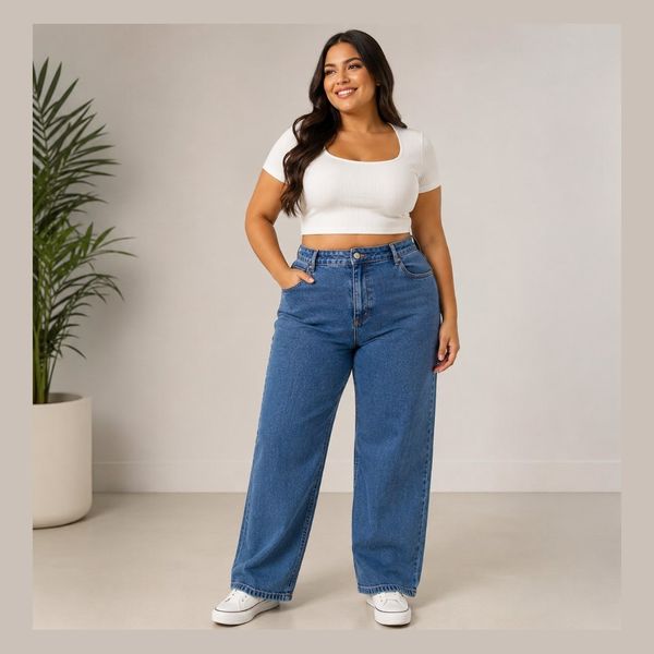 Calça Jeans Feminina Plus Size Cintura Alta Marmorizada