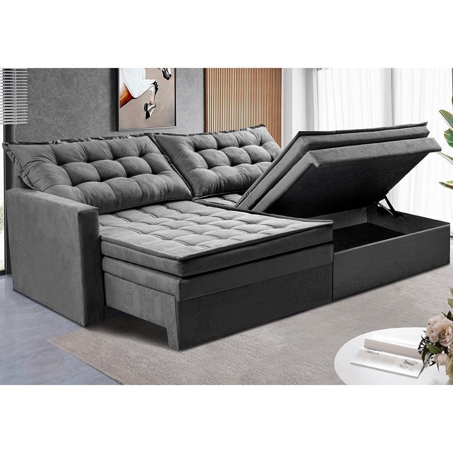 Sofá Sem Caixa Retrátil Baú 2,00m Cama inBox Secret Suede Velusoft Cinza