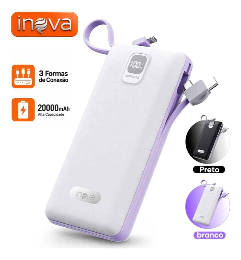 Power Bank Carregador Portátil Com Cabo Display Turbo Boyu Cell Preto 20.000mah Branco