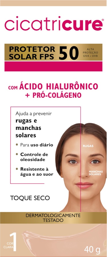 CICATRICURE Protetor Solar Facial FPS 50 Antissinais Toque Seco Cor Clara, Previne Rugas e Manchas, Ultra Proteção UVA UVB, Ácido Hialurônic