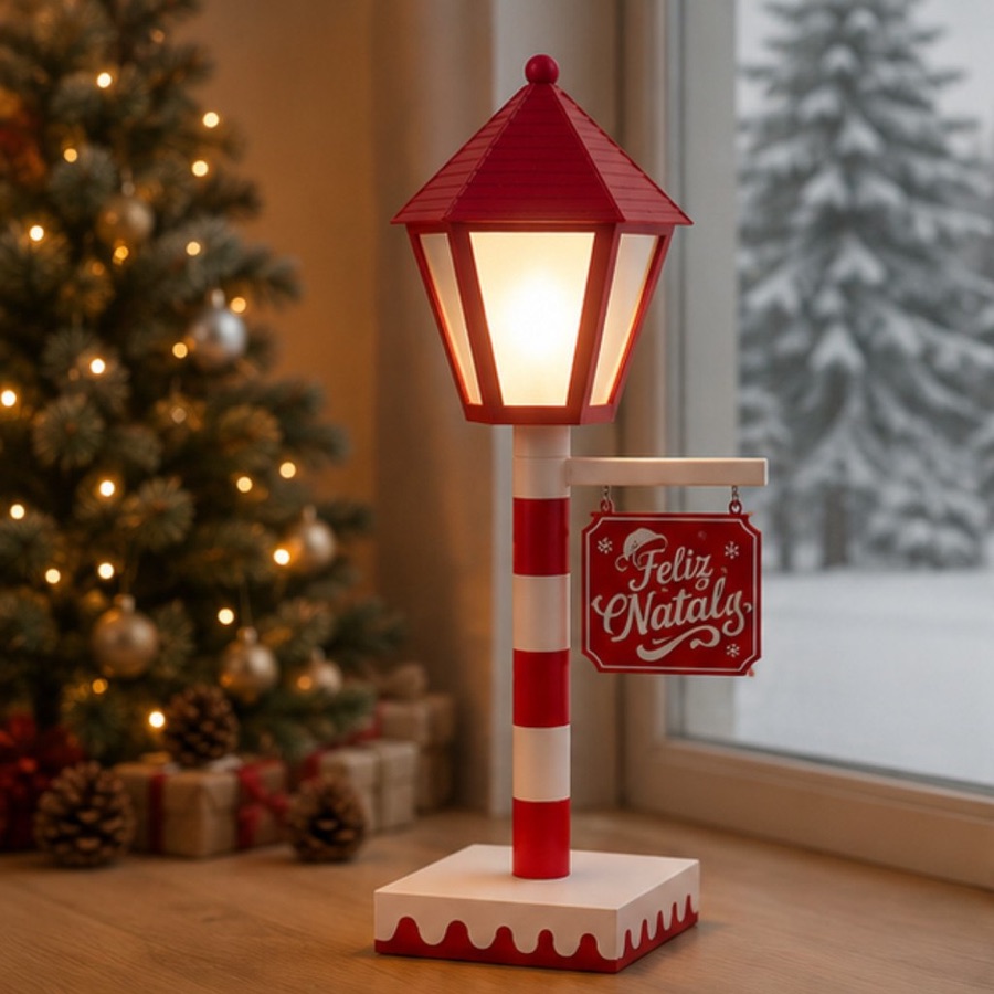 Luminária 60cm de Natal Poste Natalino com Lanterna Decoração Enfeite Feliz Natal com Vela LED
