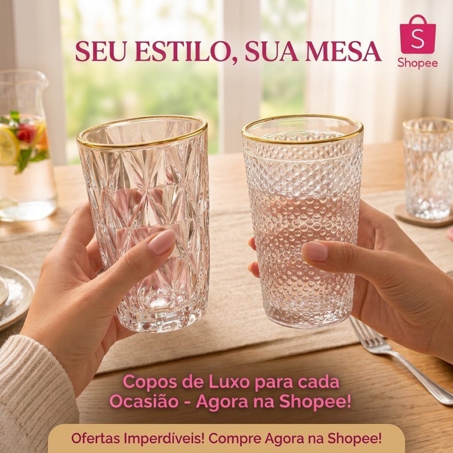 Jogo 6 Copos Vidro Borda Dourada 350ml Diamond ou Imperial Mesa Posta Luxo