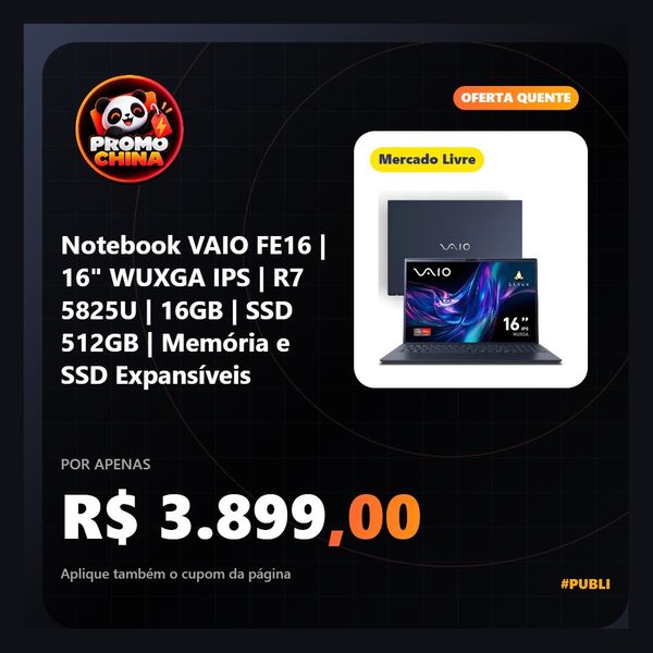 Notebook Vaio Fe16 Amd Ryzen 7-5825u Linux 16gb RAM 512gb Ssd Wi-Fi 6 Tela 16" Ips Wuxga Antirreflexo Cinza Grafite Vjfe69f11xb0121h - Permi
