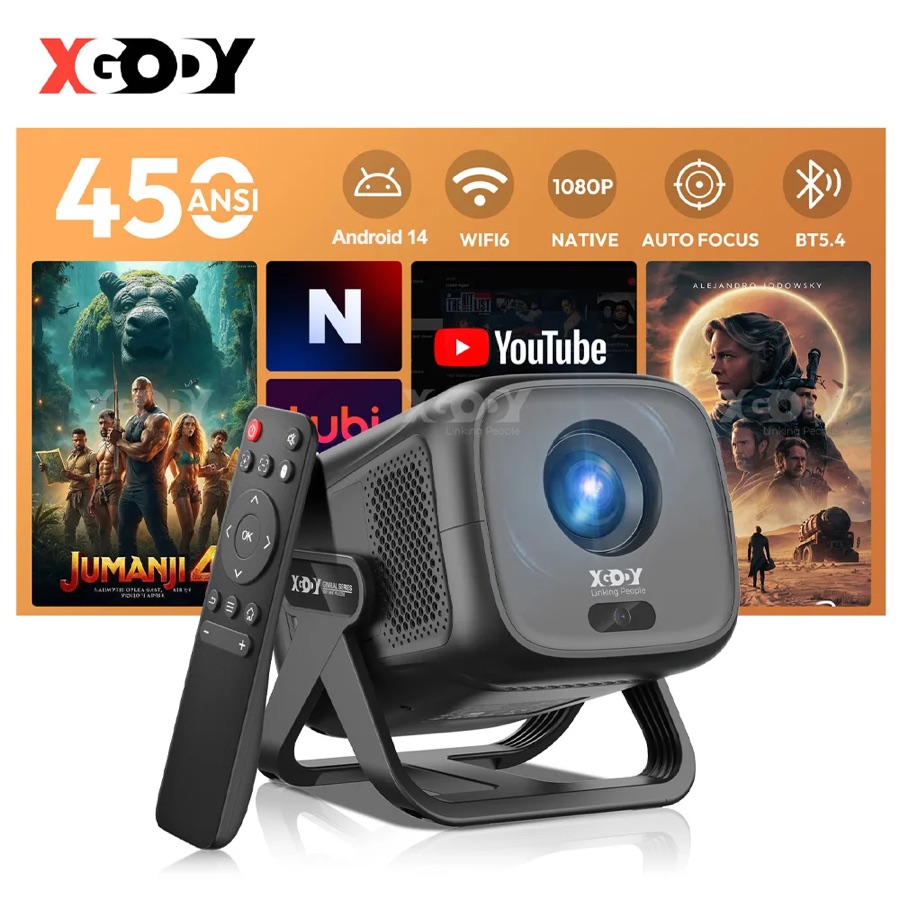 Projetor Mini 4K XGODY 450ANSI A5 de Curta Distância Android 14 com Autofoco e Correção Trapezoidal Nativo 1080P Cinema em Casa Portátil - A