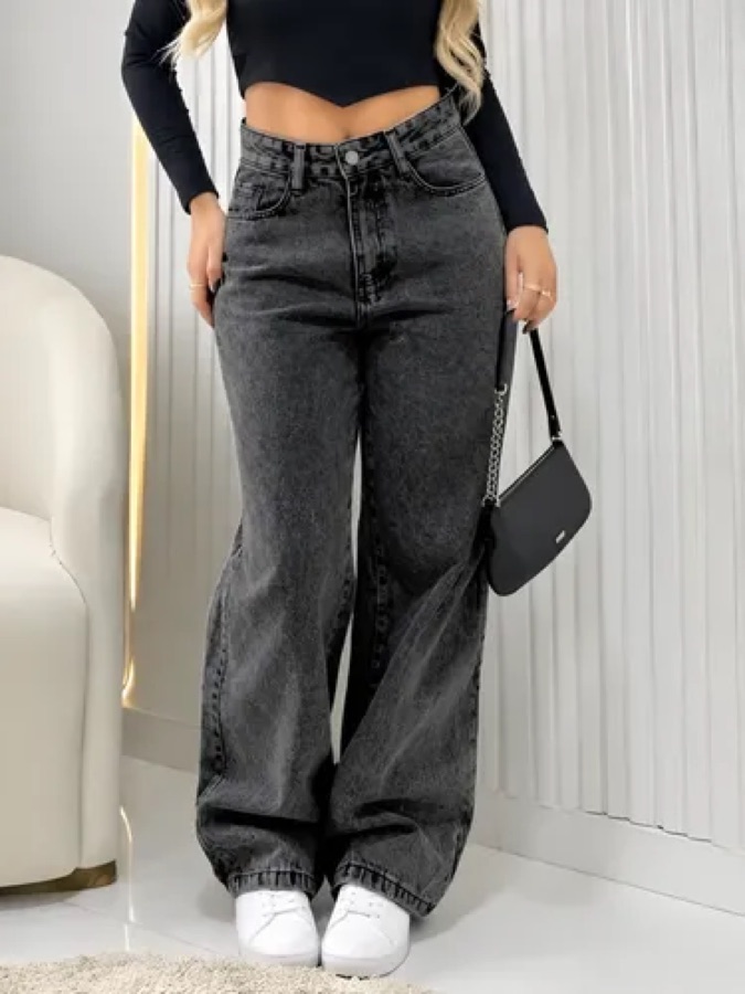 Calça Jeans Wide Leg Feminina Cintura Alta Pantalona Preto Black Marmo Liso 40