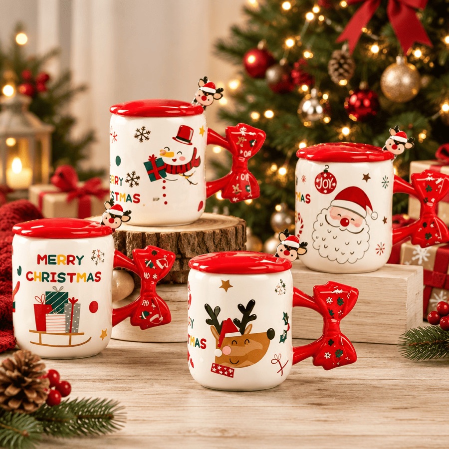 Conjunto de Xicara Natal 350ml Cerâmica Tampa e Mexedor