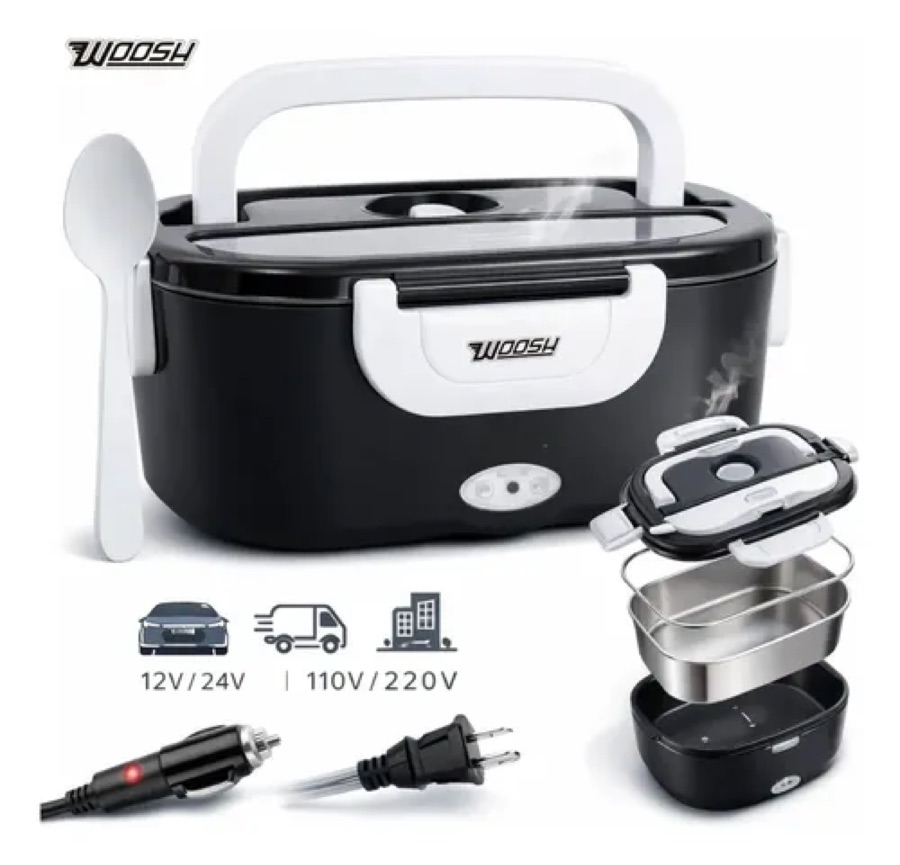 Marmita Elétrica Preta Bivolt Portátil Doméstica 110/220v Veicular 12/24v Lancheira 1.5l Com Divisórias Esquenta Rápido Refeições Práticas T
