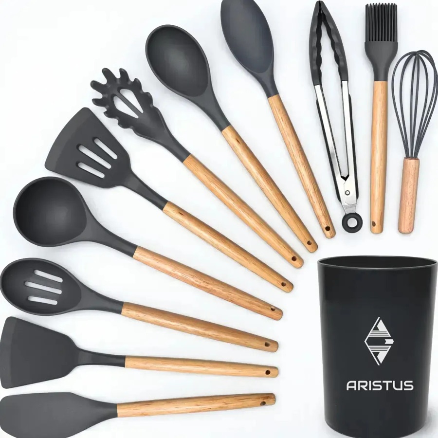 Kit 12 Utensílios De Silicone Com Cabo De Madeira - Marca Aristus Com Alta Resistência, Durável E Com Design Moderno, Perfeito Para Sua Cozi
