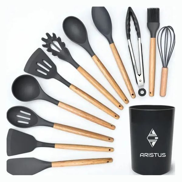 Kit 12 Utensílios De Silicone Com Cabo De Madeira - Marca Aristus Com Alta Resistência, Durável E Com Design Moderno, Perfeito Para Sua Cozi