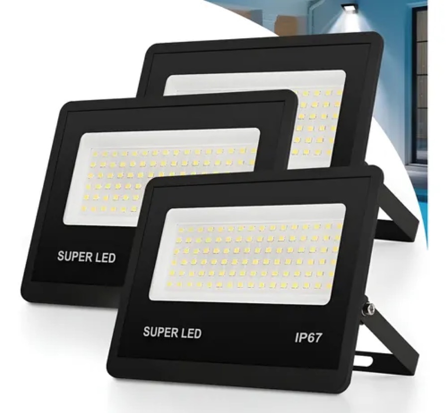 Kit 3 Refletor Led 300w Holofote Bivolt Ip67 Externas 6500k 127/220v Preto Branco-frio