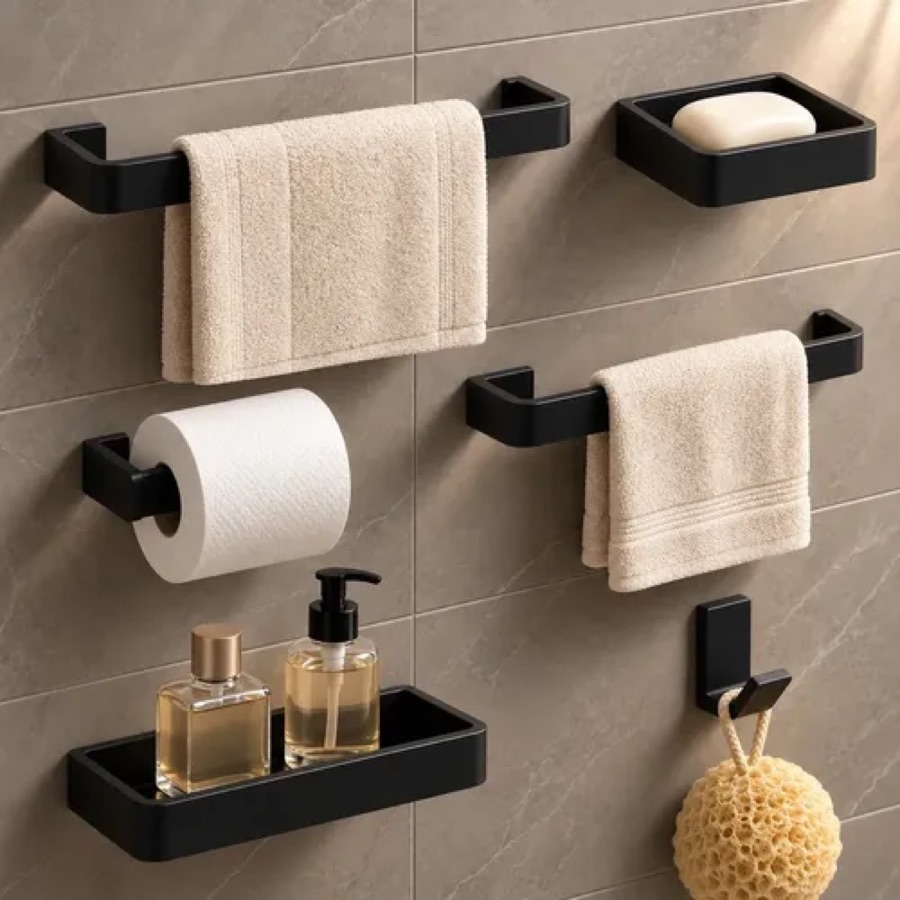 Kit Acessórios Para Banheiro Lavabo PROMOUNT Cabide Toalheiros Papeleira 6 Peças Quadrado Aço Inoxidavel Premium - Preto