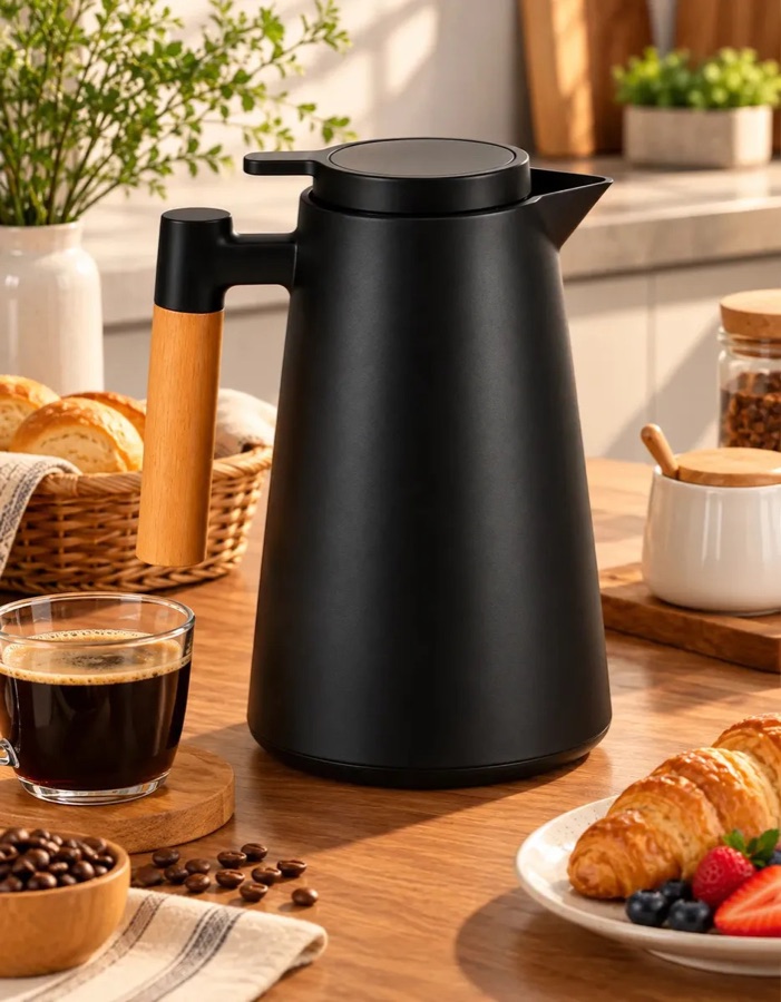 Garrafa Térmica Betolar 1 L Preta com Cabo de Madeira para Café e Chá