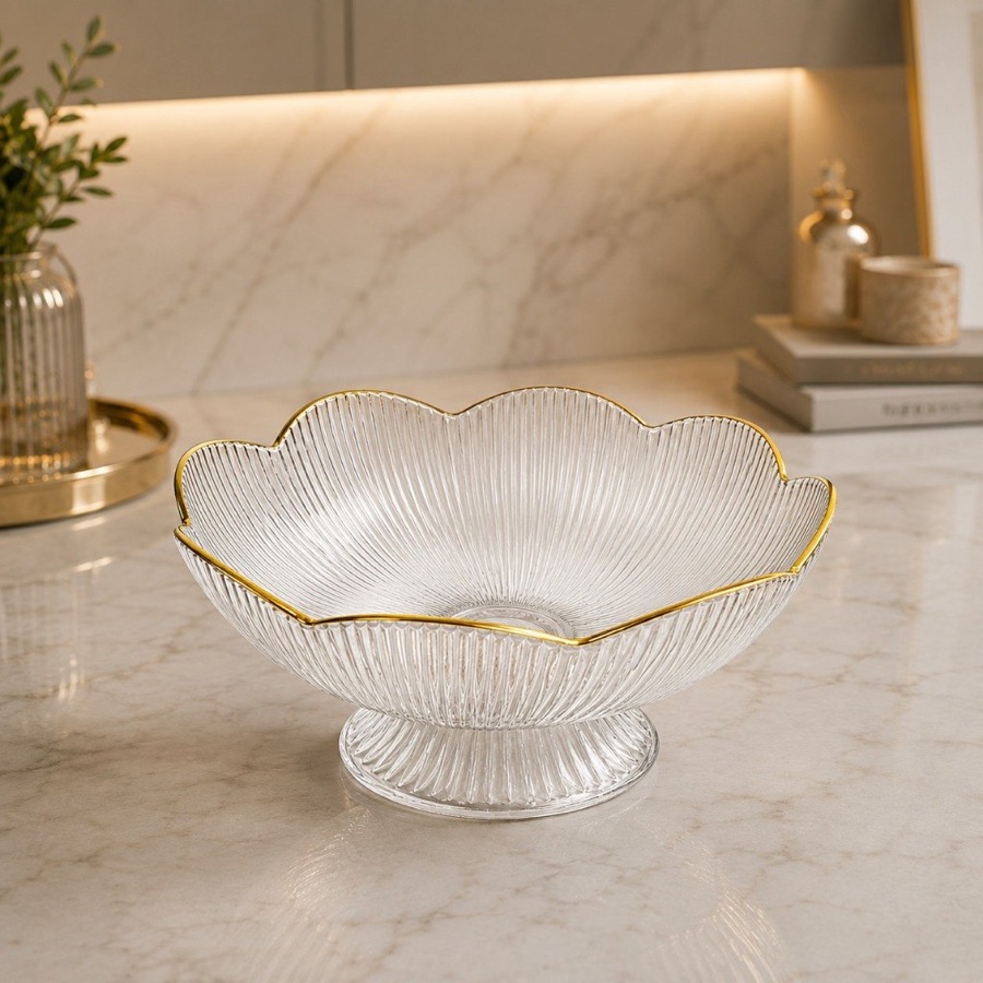 Fruteira Centro De Mesa Transparente Com Borda Dourada Luxo