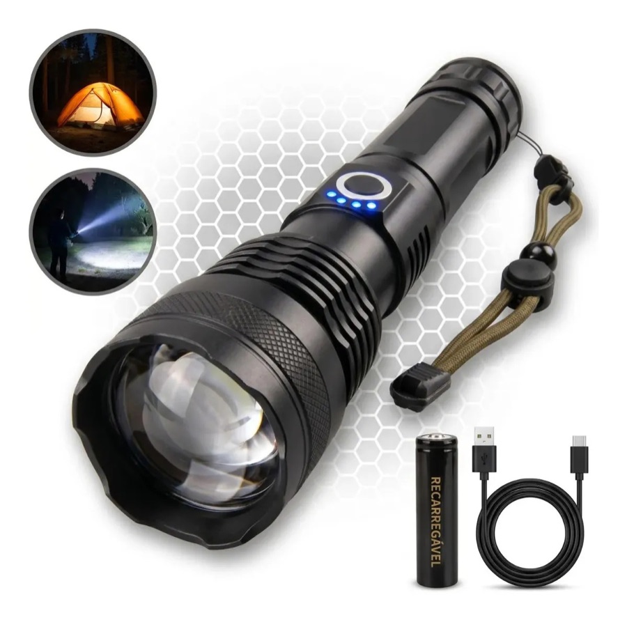 Lanterna Tatica Recarregavel Mais Forte Do Mundo Sitio Led Branco Preto