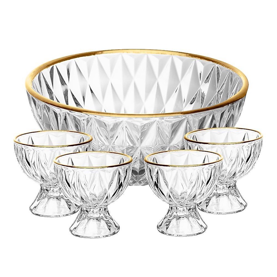 Conjunto 1 Bowl 1L e 4 Taças 120ml Diamond Lyor Cristal com Fio de Ouro para Sobremesas Doces Frutas Mousse Pavê 5 Peças