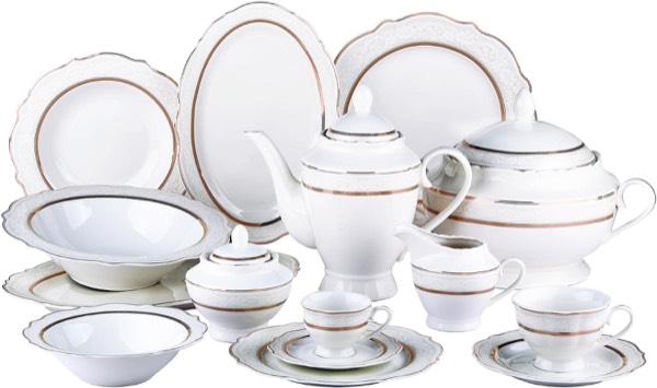 Aparelho de jantar Trésor em new Bone China 50 peças Branco com relevo e filado dourado