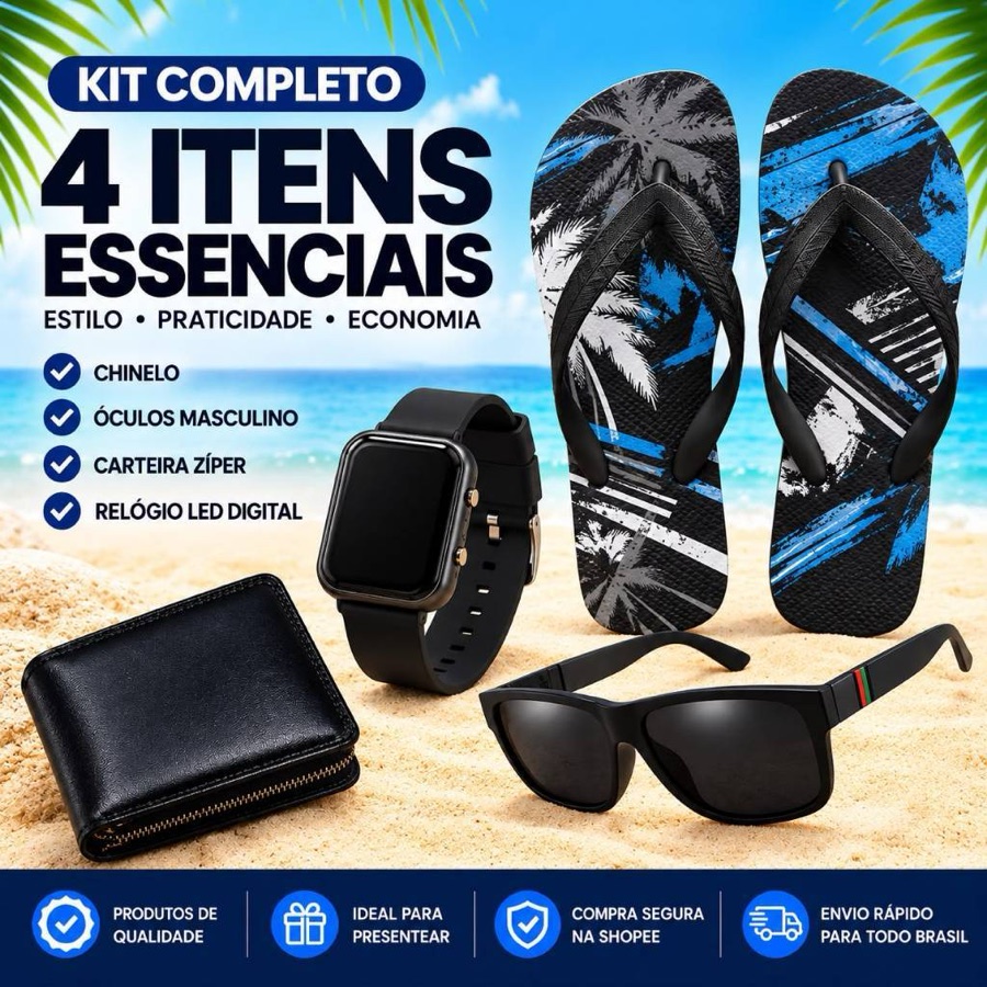 Relógio Masculino + Carteira Masculina + Óculos e Chinelo Masculino | Kit Masculino com 4 Itens