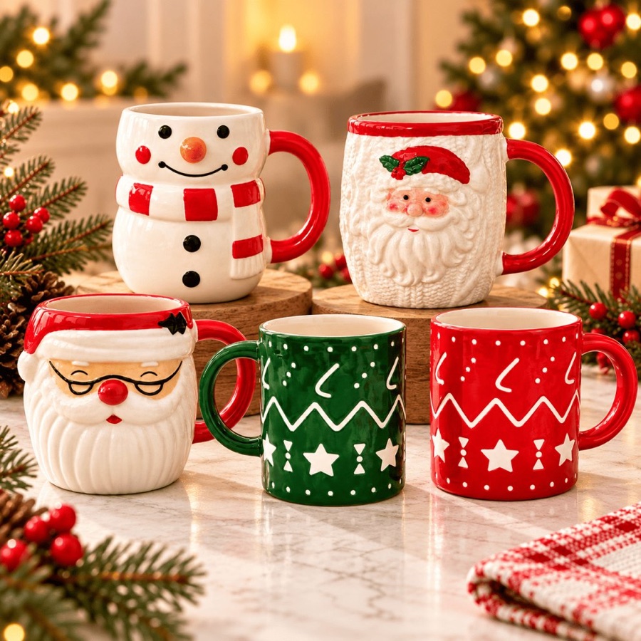 Caneca de Cerâmica Natalina com Alça, Estampa Papai Noel e Boneco de Neve Decoração Natal