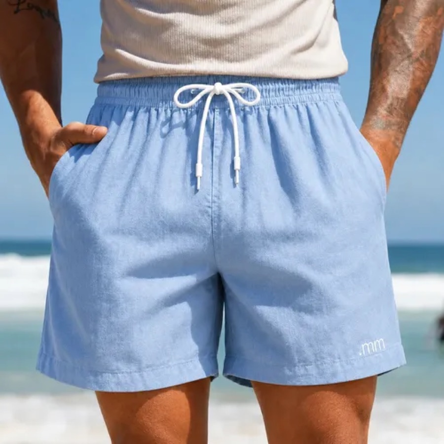 Bermuda Linho Masculina Mauricinho Praia Social Casual Verao Azul Celeste Liso G