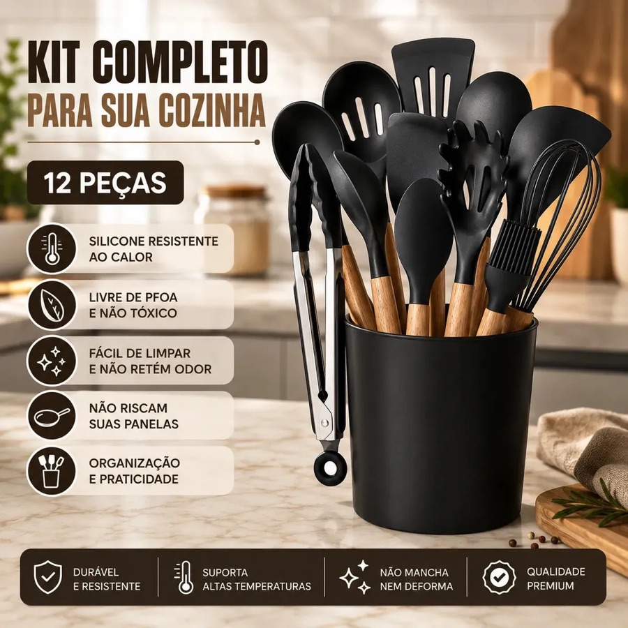 Kit C/12 Utensílios De Cozinha Silicone Cabo Madeira