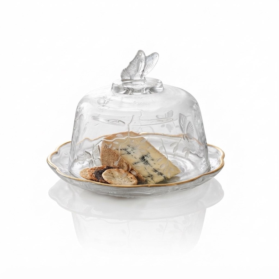 Queijeira de Cristal com Tampa Lyor New Butterfly Fio de Ouro 19cm