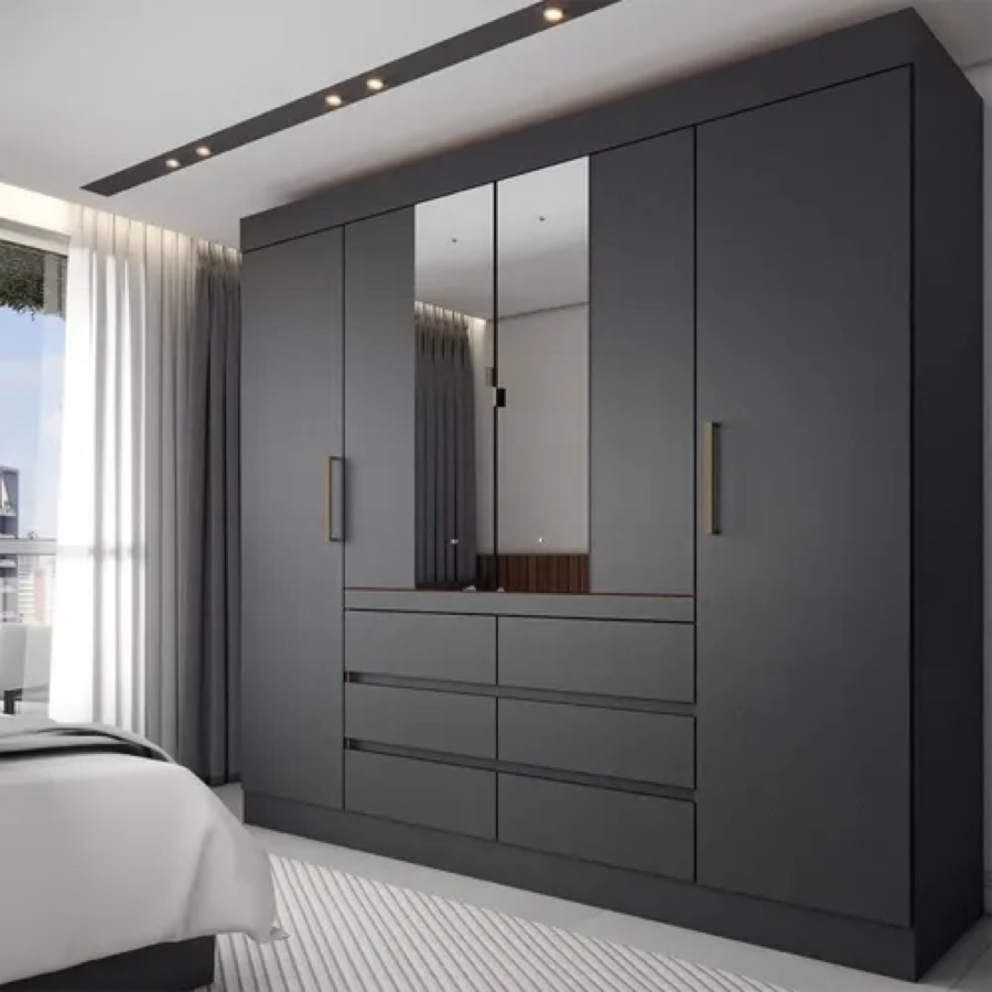 Guarda-roupa Casal Honey 4 Portas 6 Gavetas Com Espelho Preto/Amêndola