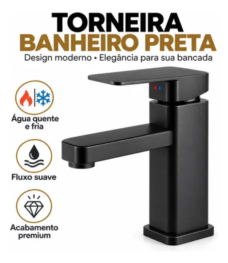 Torneira Lavatório Premium Moderno Preto Fosco Quente Fria Preto Fosco