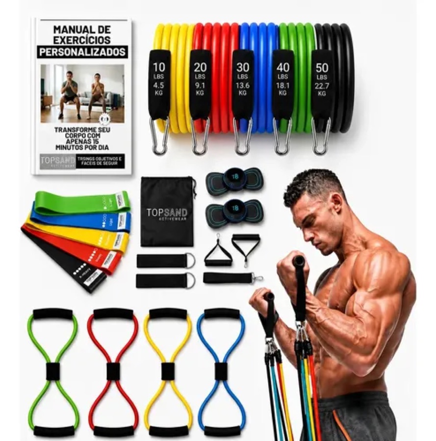 Kit 20 Itens Esportivos Para Treino Em Casa Academia Fitness Funcional Com Elásticos Extensor Puxadores Massageador Faixas Elásticas Mini Ba
